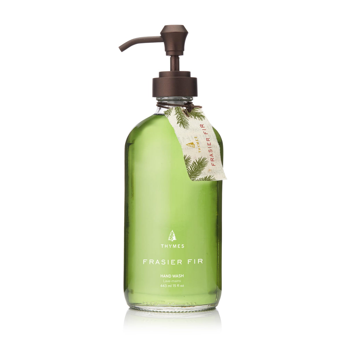 Thymes Frasier Fir bottle front view showing elegant packaging and nourishing benefits