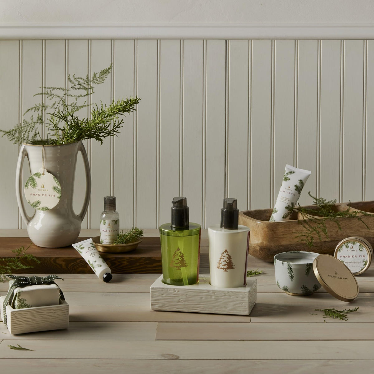 Thymes bottle styled on bathroom counter adding seasonal scent and decor