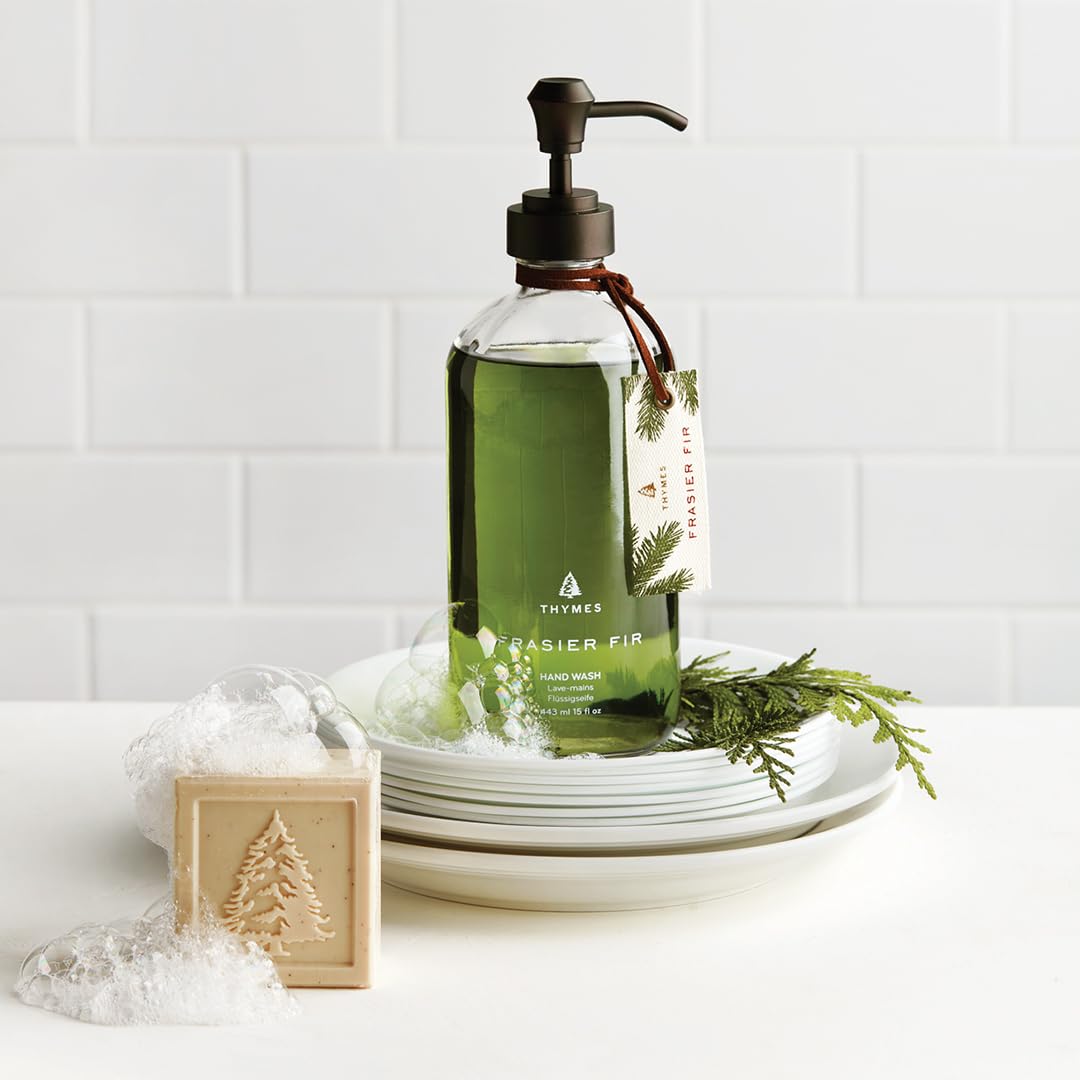 Thymes Frasier Fir pump close-up highlighting easy dispensing and clean usage