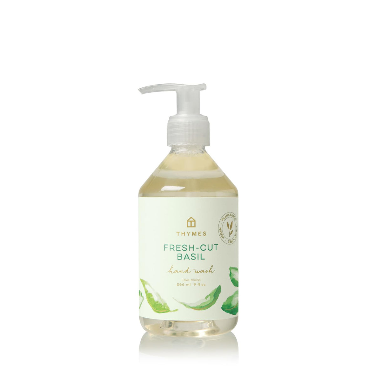 Thymes front packaging showing bottle and herbaceous basil scent benefits