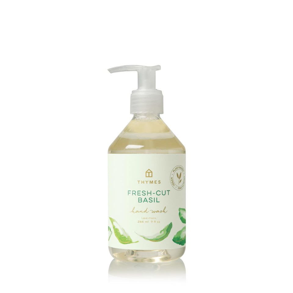Thymes front packaging showing bottle and herbaceous basil scent benefits