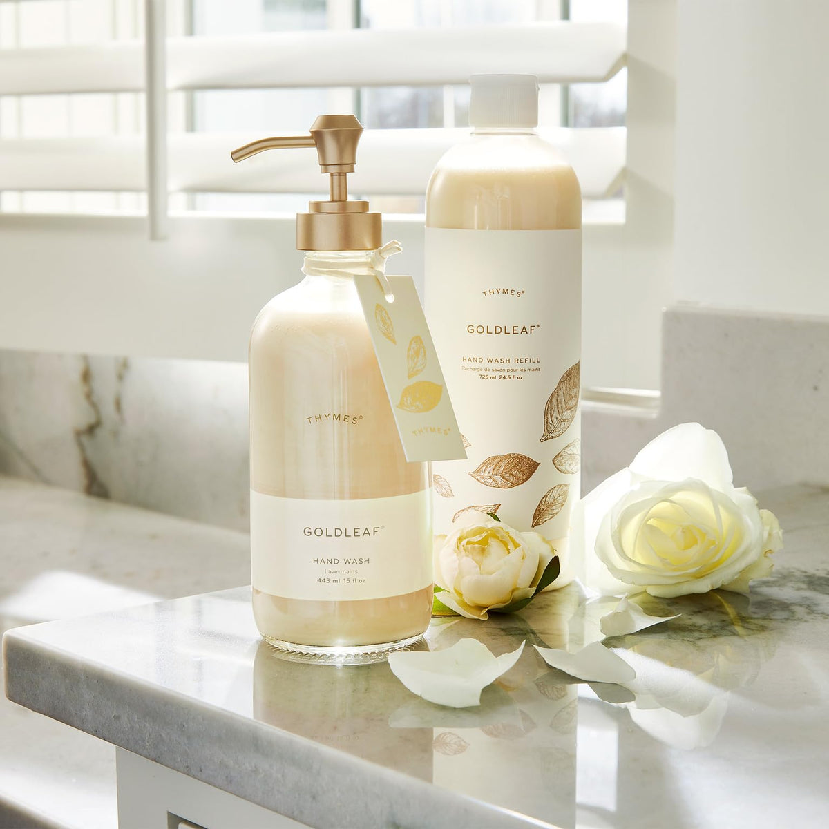Close-up of Thymes Goldleaf bottle label detail showing botanical design and premium look