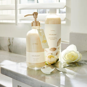 Close-up of Thymes Goldleaf bottle label detail showing botanical design and premium look