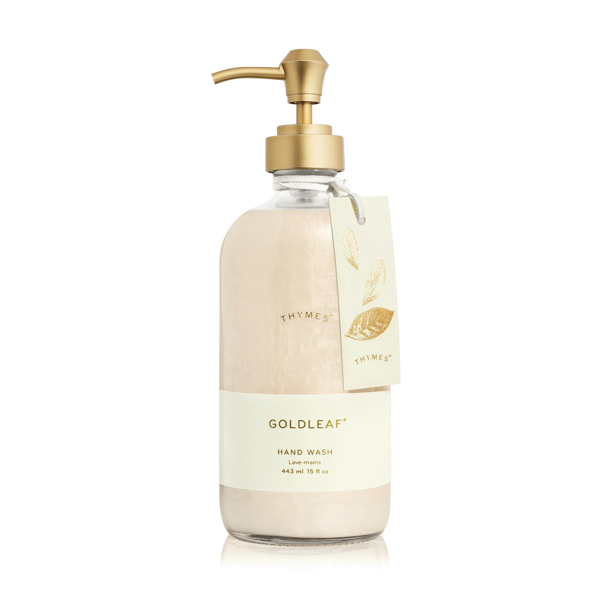 Thymes Goldleaf front packaging in glass bottle showcasing elegant sink accessory and aroma