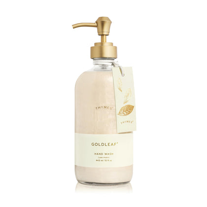 Thymes Goldleaf front packaging in glass bottle showcasing elegant sink accessory and aroma