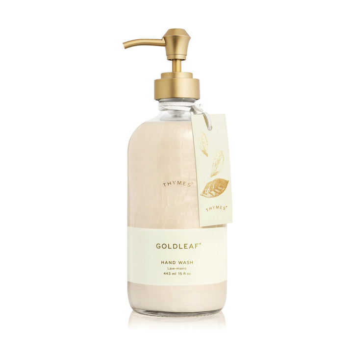 Thymes Goldleaf front packaging in glass bottle showcasing elegant sink accessory and aroma