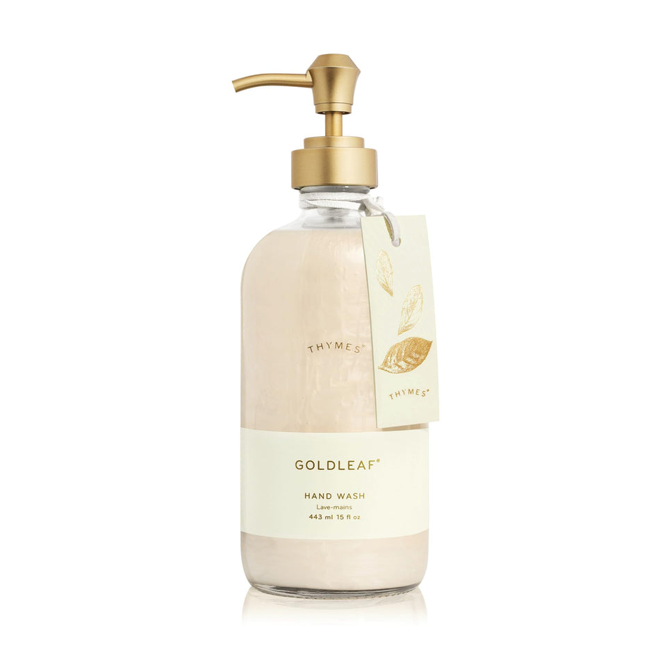 Thymes Goldleaf front packaging in glass bottle showcasing elegant sink accessory and aroma