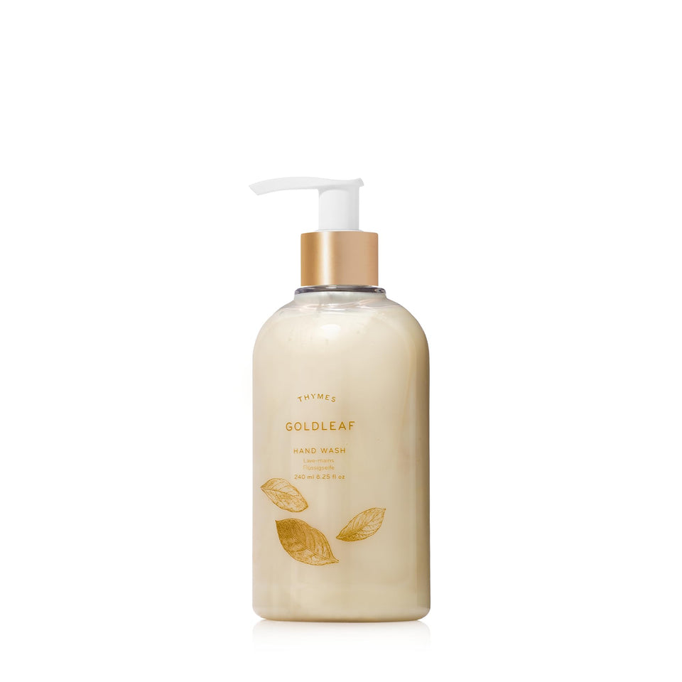 Thymes Goldleaf front pump bottle on counter showing elegant packaging and easy dispensing