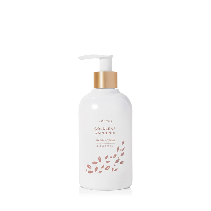 Thymes goldleaf gardenia front pump bottle showing elegant packaging and scent