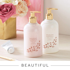 Thymes label detail highlighting Goldleaf Gardenia fragrance notes