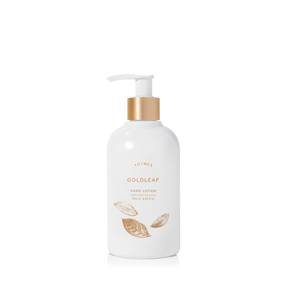 Thymes Goldleaf hand lotion front pump on vanity showing elegant packaging and hydration benefit