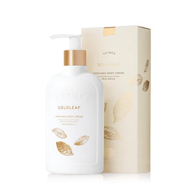 Thymes Goldleaf jar front view showing elegant label and packaging benefit: gift‑ready presentation
