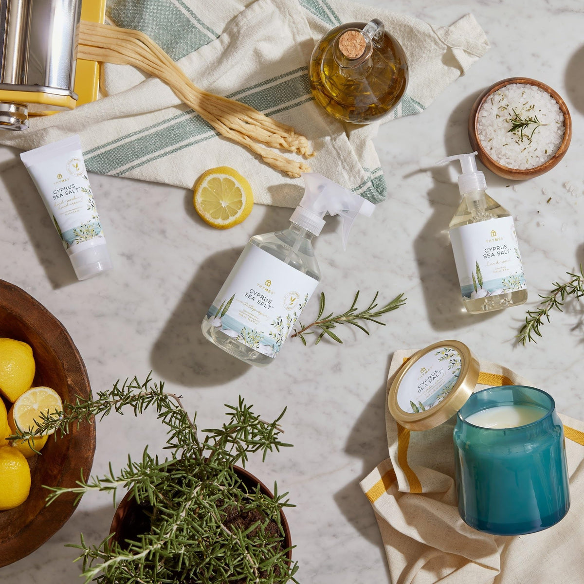 Thymes ingredients display with shea butter and oils illustrating nourishing formulation