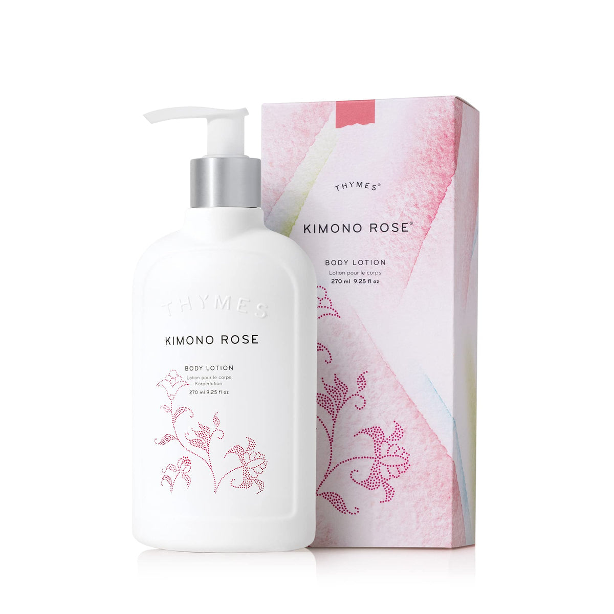 Thymes Kimono Rose front bottle view showing elegant packaging and scent