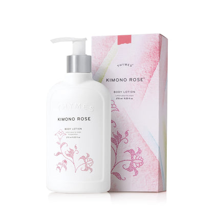 Thymes Kimono Rose front bottle view showing elegant packaging and scent