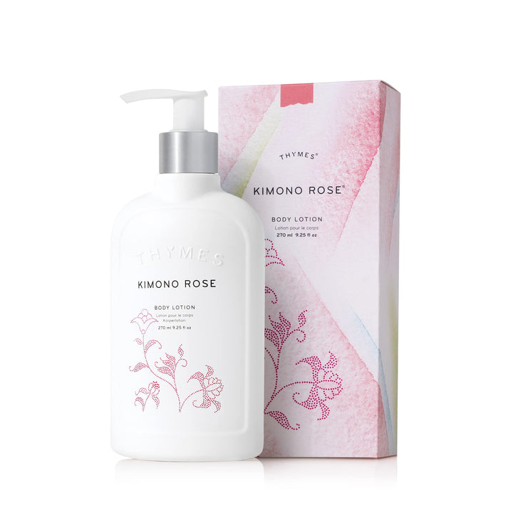 Thymes Kimono Rose front bottle view showing elegant packaging and scent