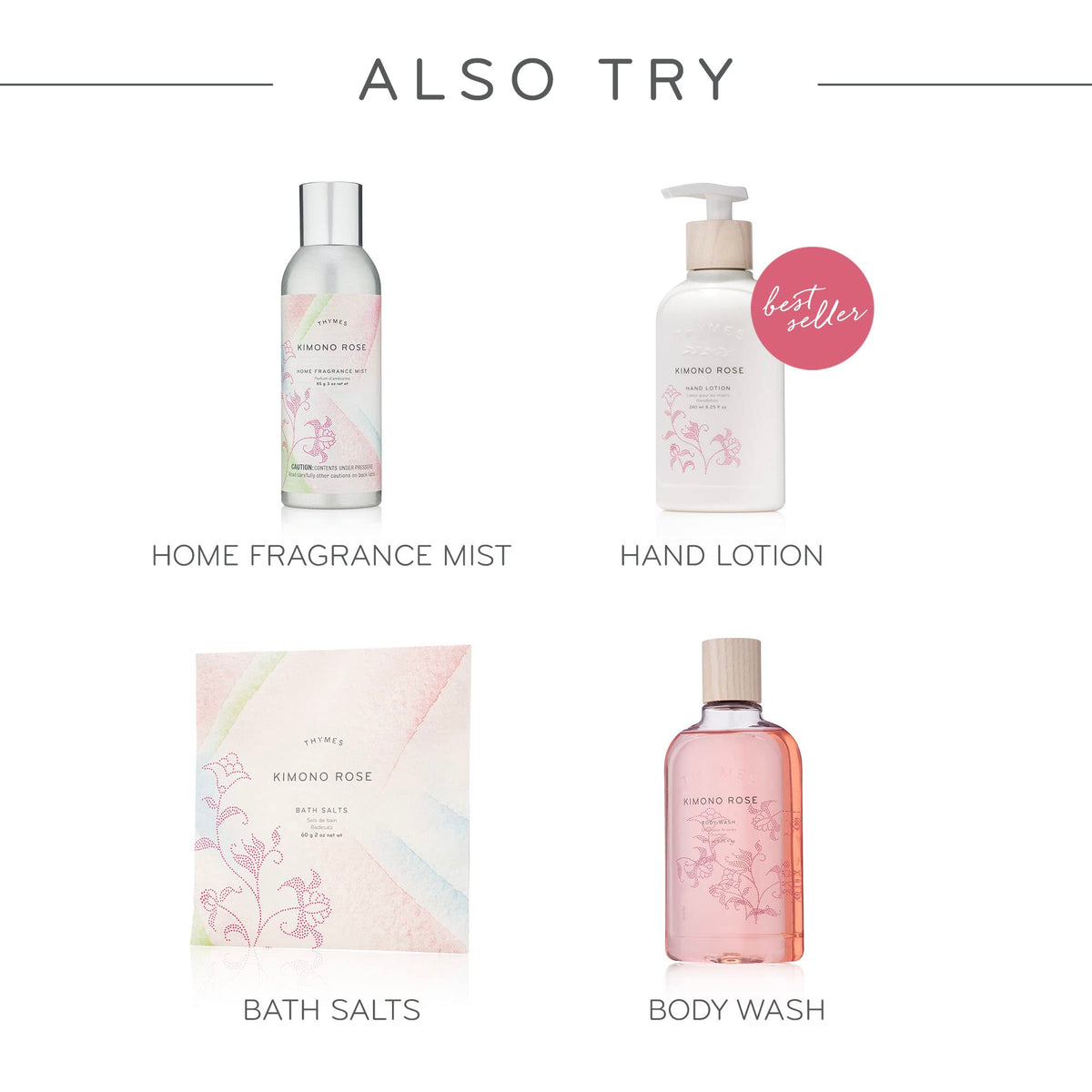 Thymes Kimono Rose tube next to a hand for scale indicating travel-friendly size