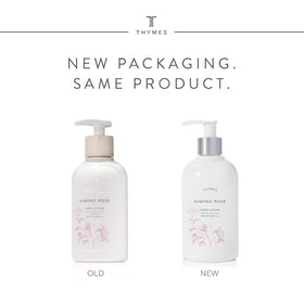 Thymes Kimono Rose lotion texture closeup showing creamy, fast-absorbing formula