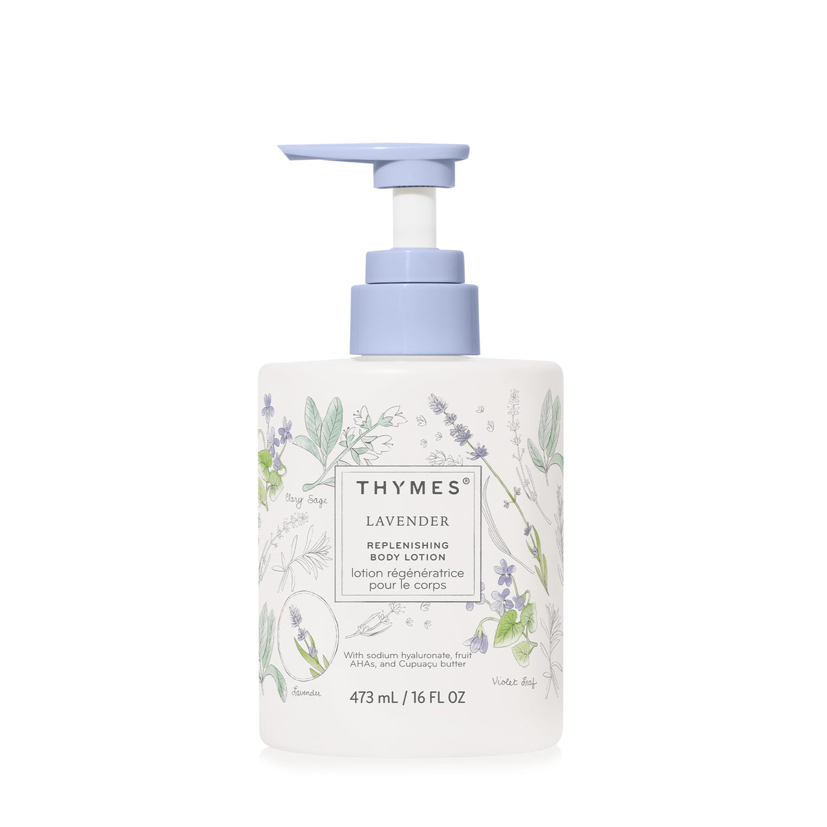 Thymes front view of lavender lotion bottle showing packaging and pump benefit