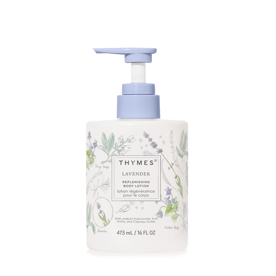 Thymes front view of lavender lotion bottle showing packaging and pump benefit