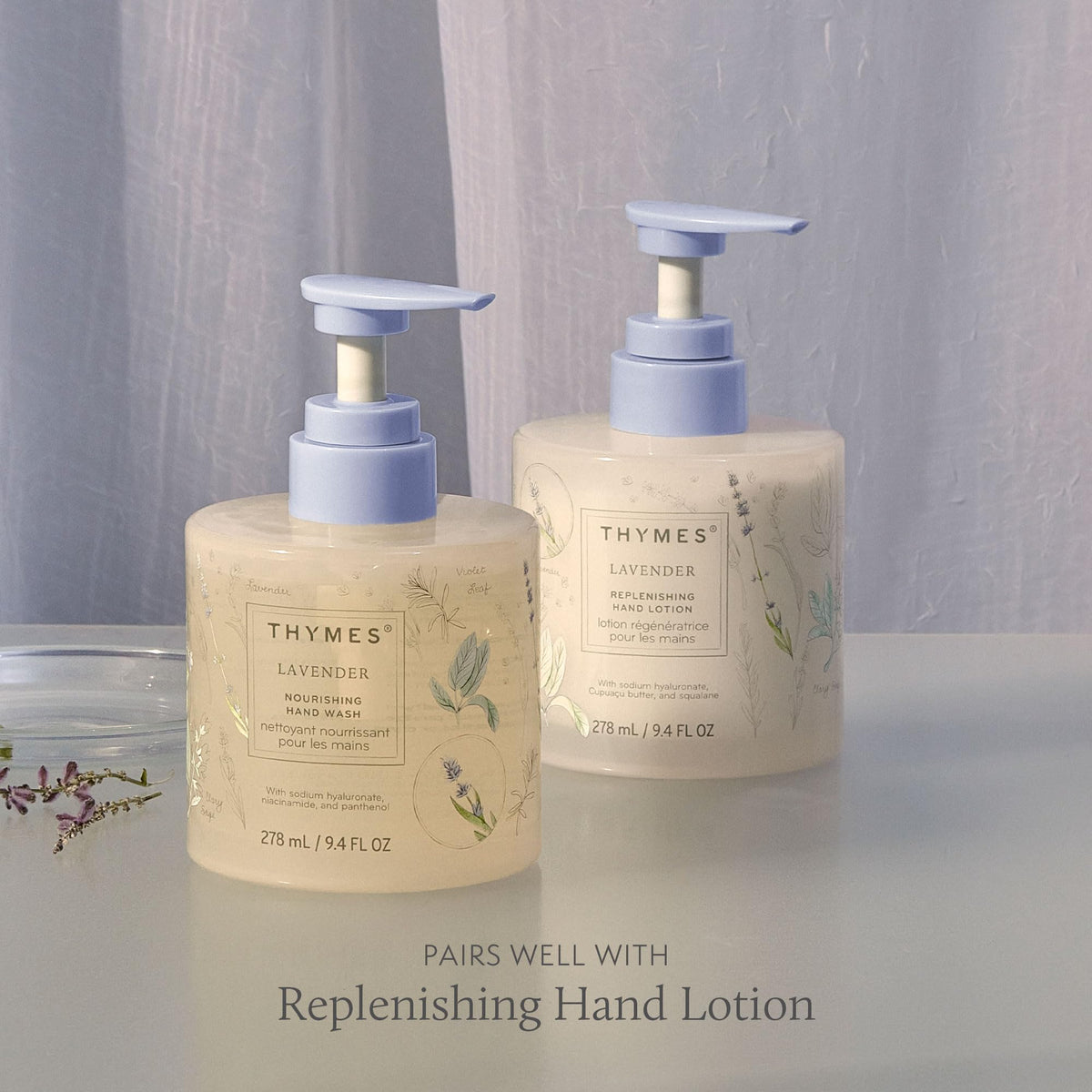 Thymes bottle beside hand showing size and portion benefit