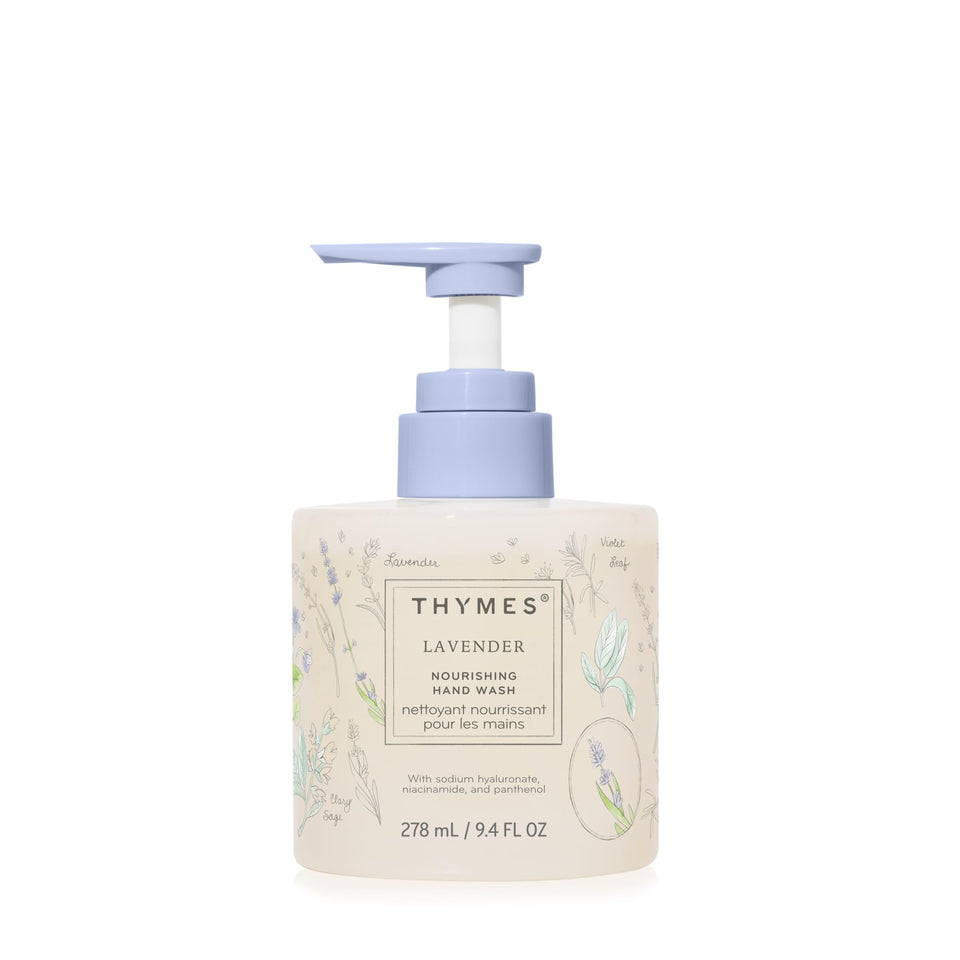 Thymes front bottle showing lavender scent and elegant design benefit
