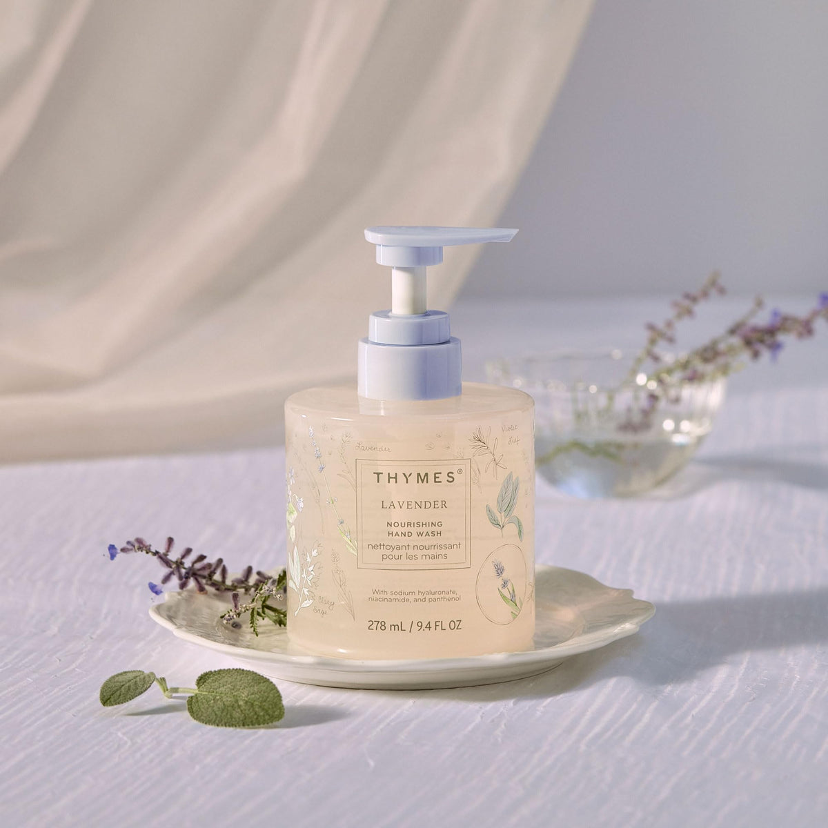 Thymes glass bottle close-up detail highlighting premium packaging benefit