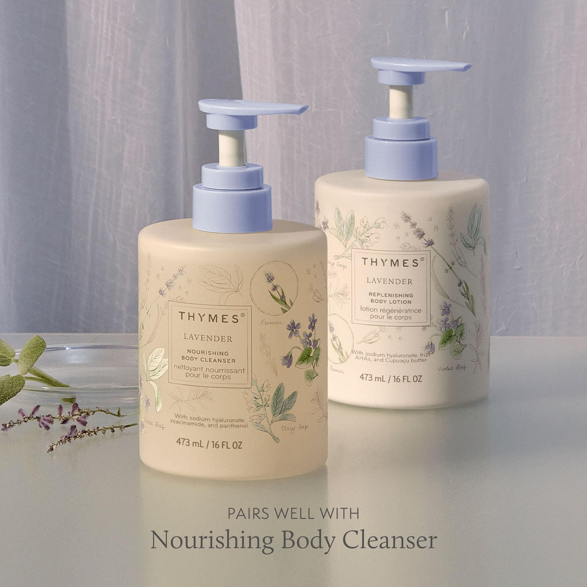 Thymes label detail with ingredient highlights showing clean-formula benefit