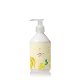 Thymes Lemon Leaf front pump bottle showing label and easy-dispense benefit