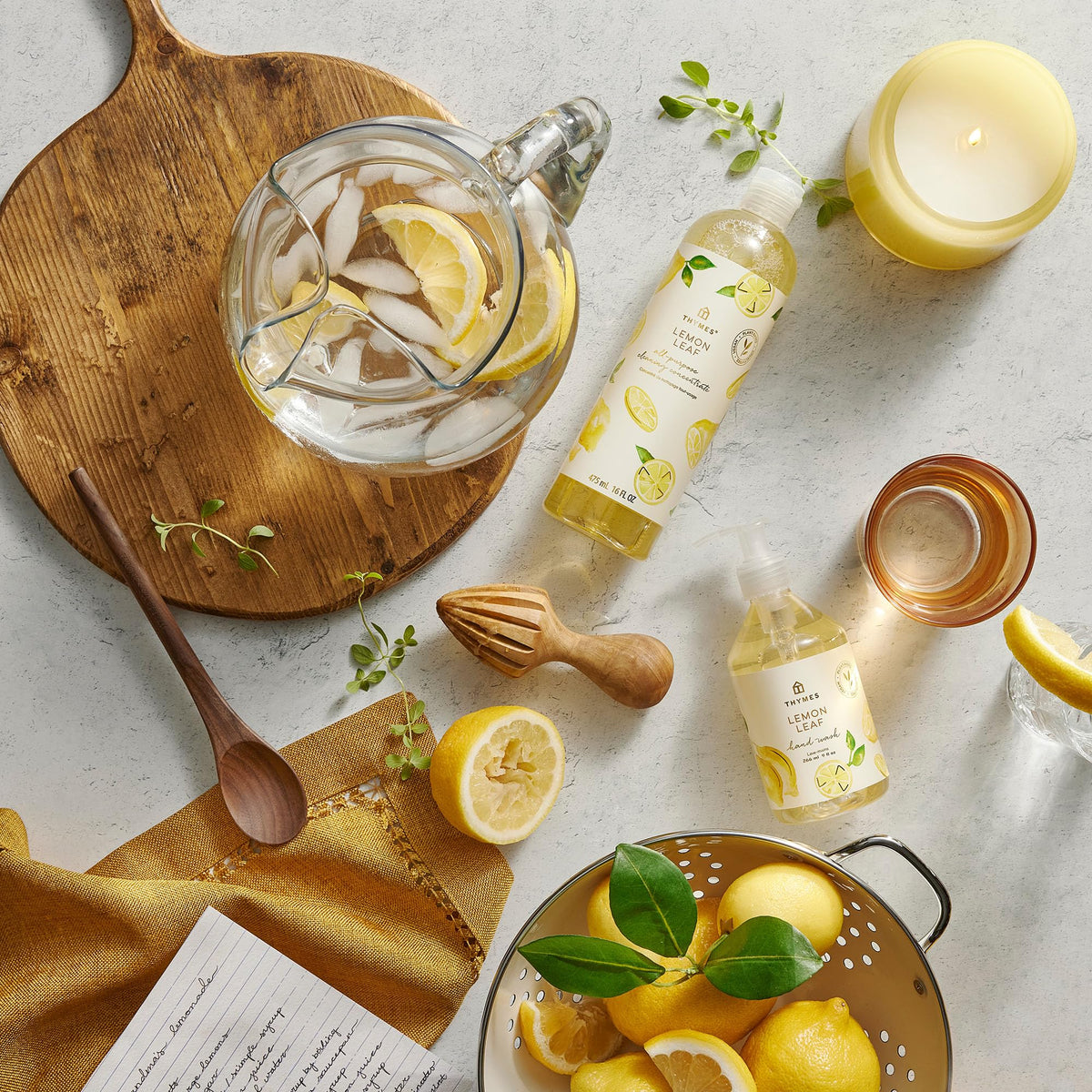 Thymes ingredient bottle with lemon verbena and botanical accents highlighting plant-forward formula