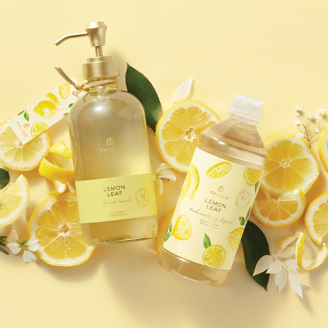 Thymes Lemon Leaf on a bathroom vanity evoking fresh scented home benefit