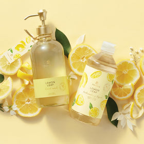 Thymes Lemon Leaf on a bathroom vanity evoking fresh scented home benefit