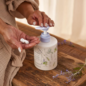 Thymes lotion being massaged into skin demonstrating quick absorption benefit