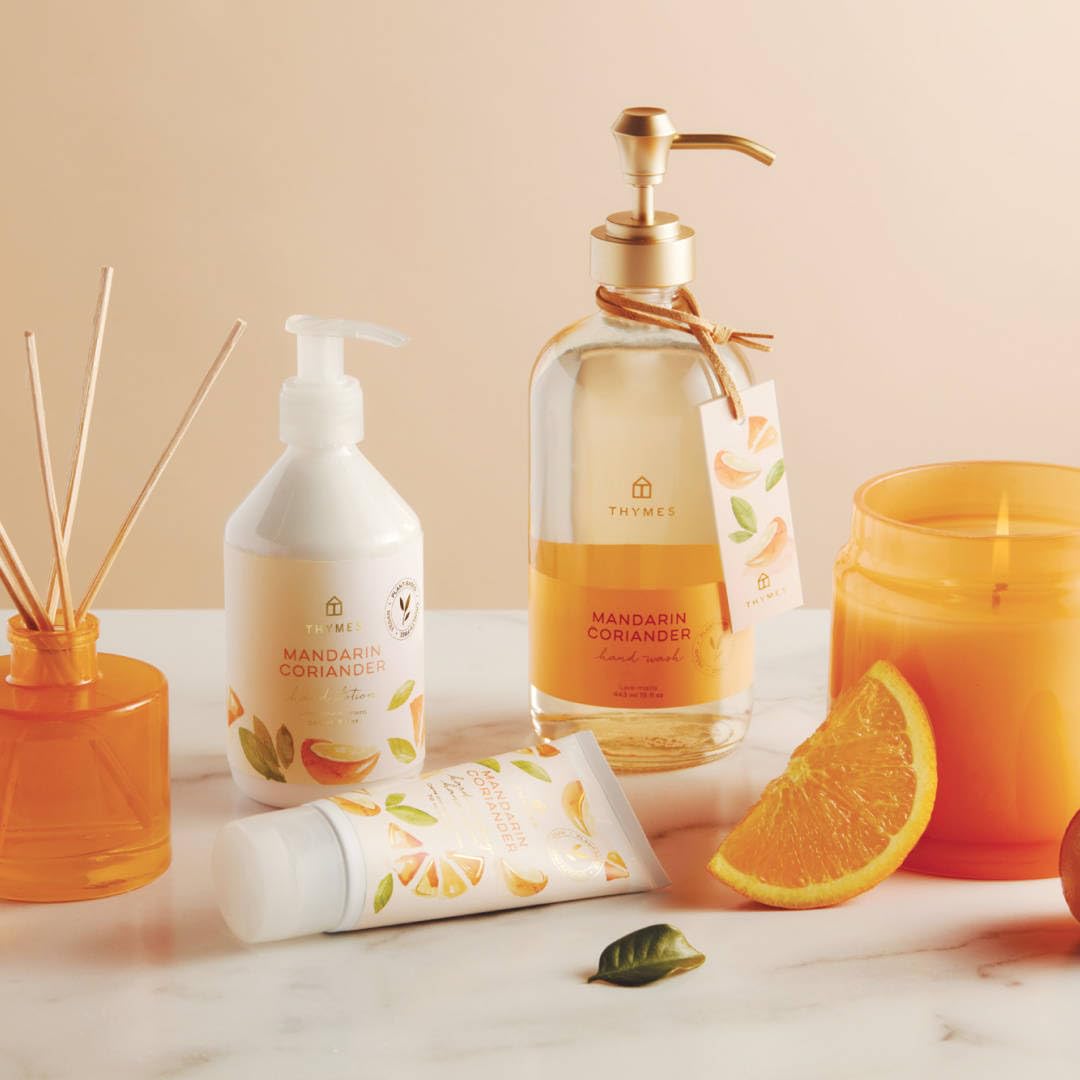 Thymes lotion pump close-up emphasizing fast absorption and convenience