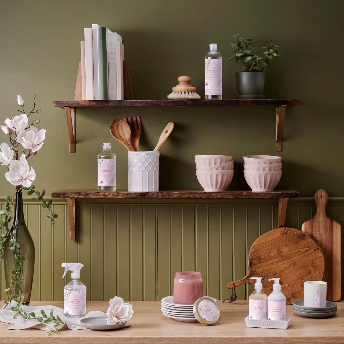 Thymes lotion bottle with magnolia blossoms suggesting fresh floral aroma