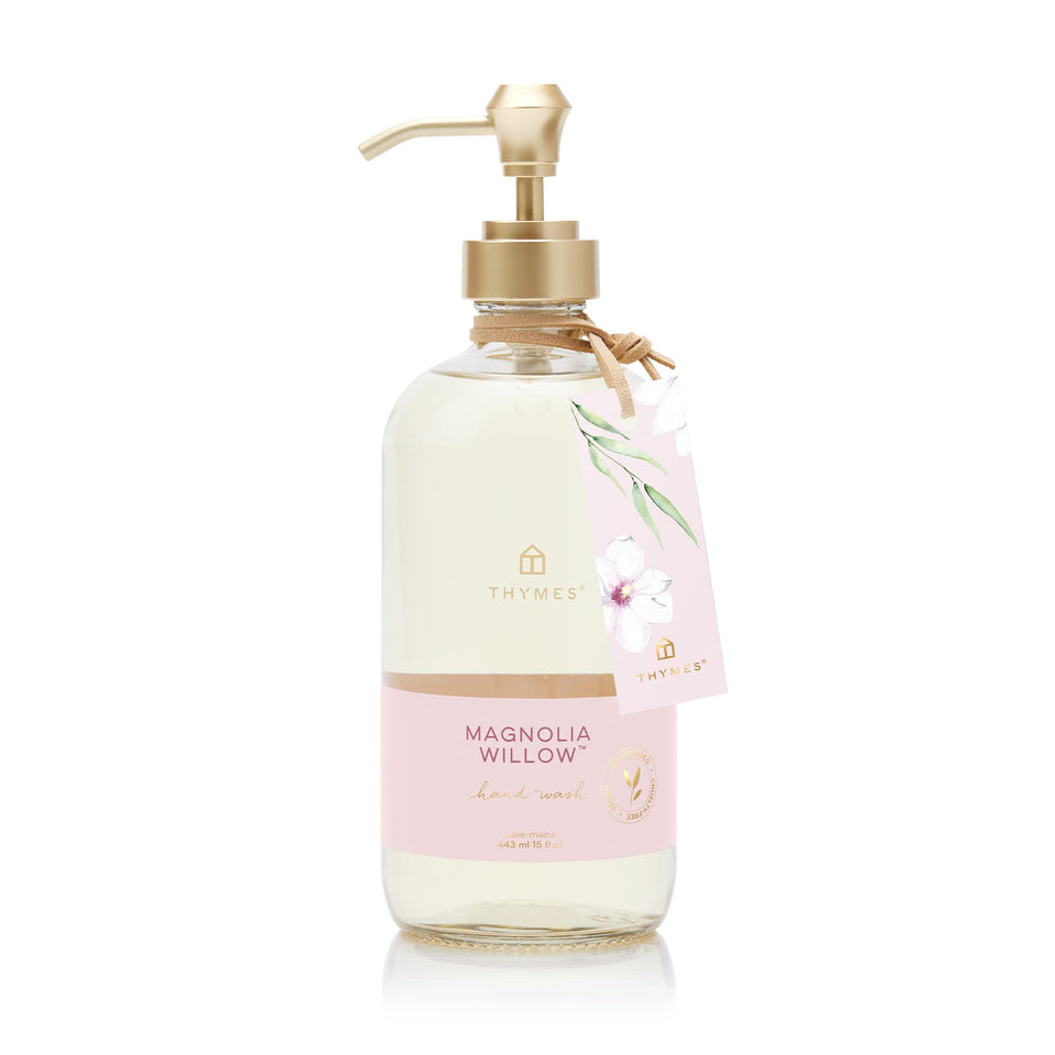 Thymes bottle front packaging showing Magnolia Willow scent and clean design benefit