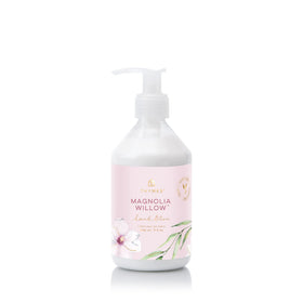 Thymes pump bottle front view showing Magnolia Willow scent and easy dispensing benefit