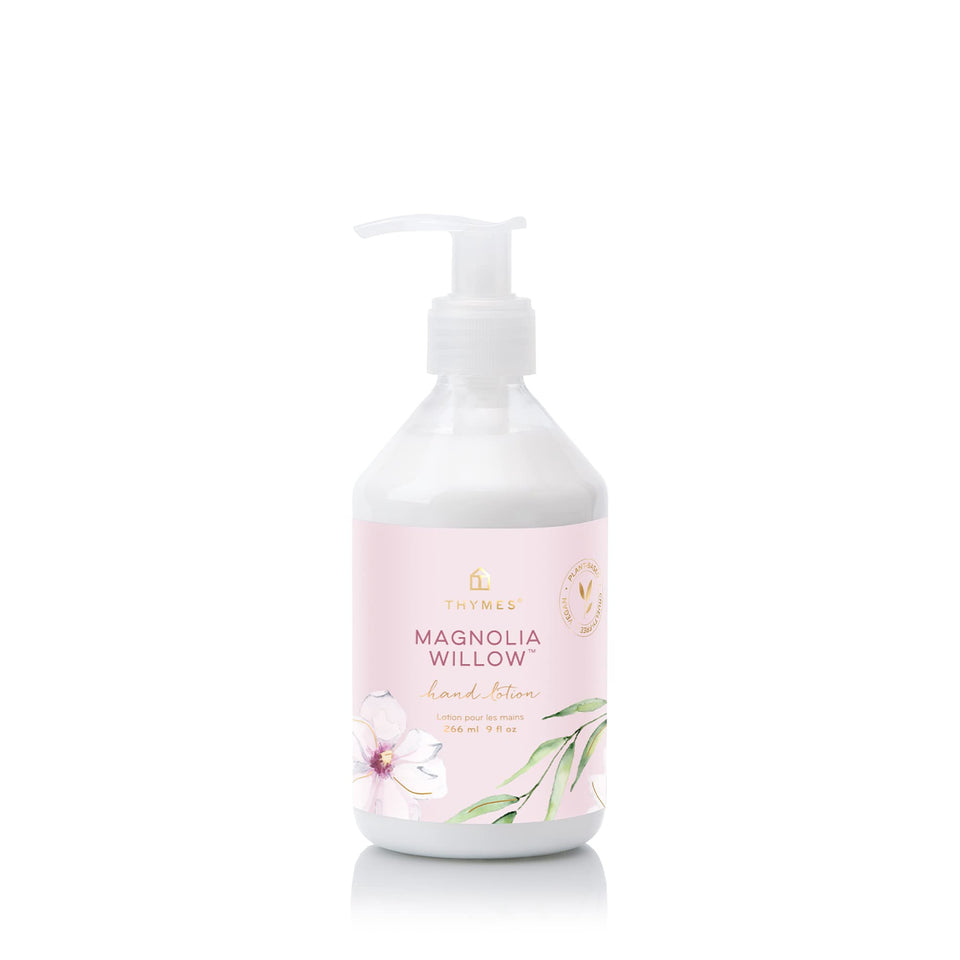 Thymes pump bottle front view showing Magnolia Willow scent and easy dispensing benefit