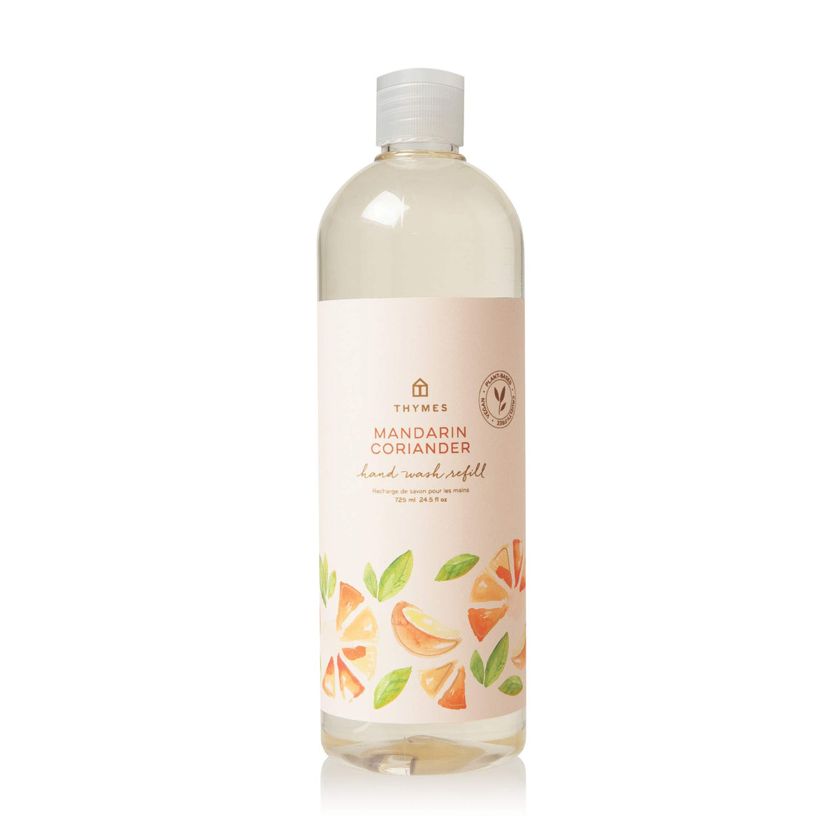 Thymes bottle front label showing Mandarin Coriander scent and refill benefit