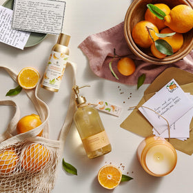 Thymes ingredient display with mandarin and herbs highlighting natural notes benefit