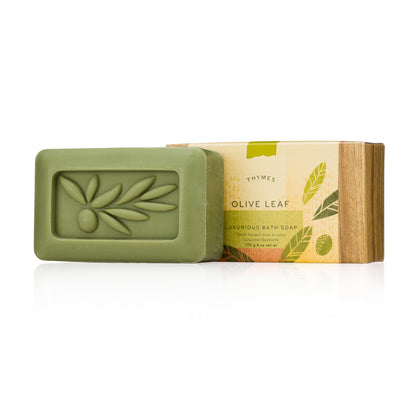 Thymes olive leaf front packaging showing bar and branding, elegant presentation