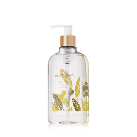 Thymes front pump bottle showing Olive Leaf label and easy dispensing benefit
