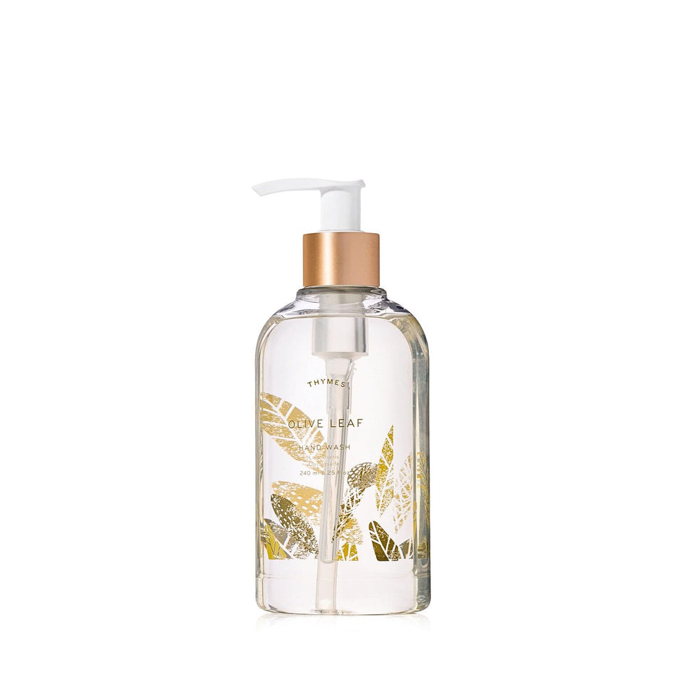 Thymes bottle front pump showing olive leaf scent and elegant design benefits hand care