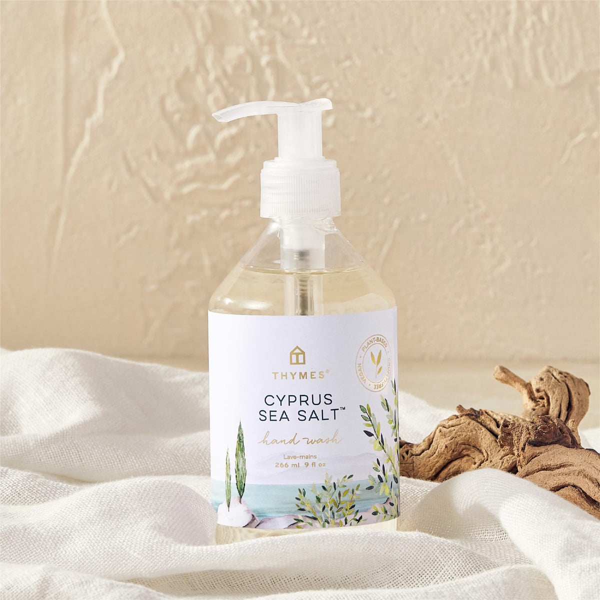 Thymes pump dispenser close-up demonstrating easy one-handed use benefit