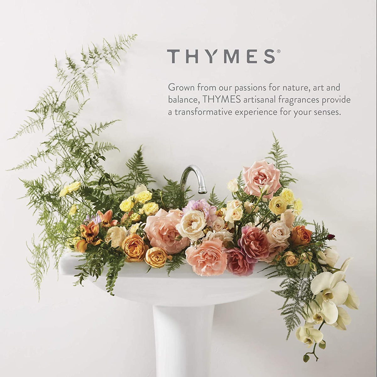 Thymes Washed Linen bottle in styled bathroom showing ambient scent benefit