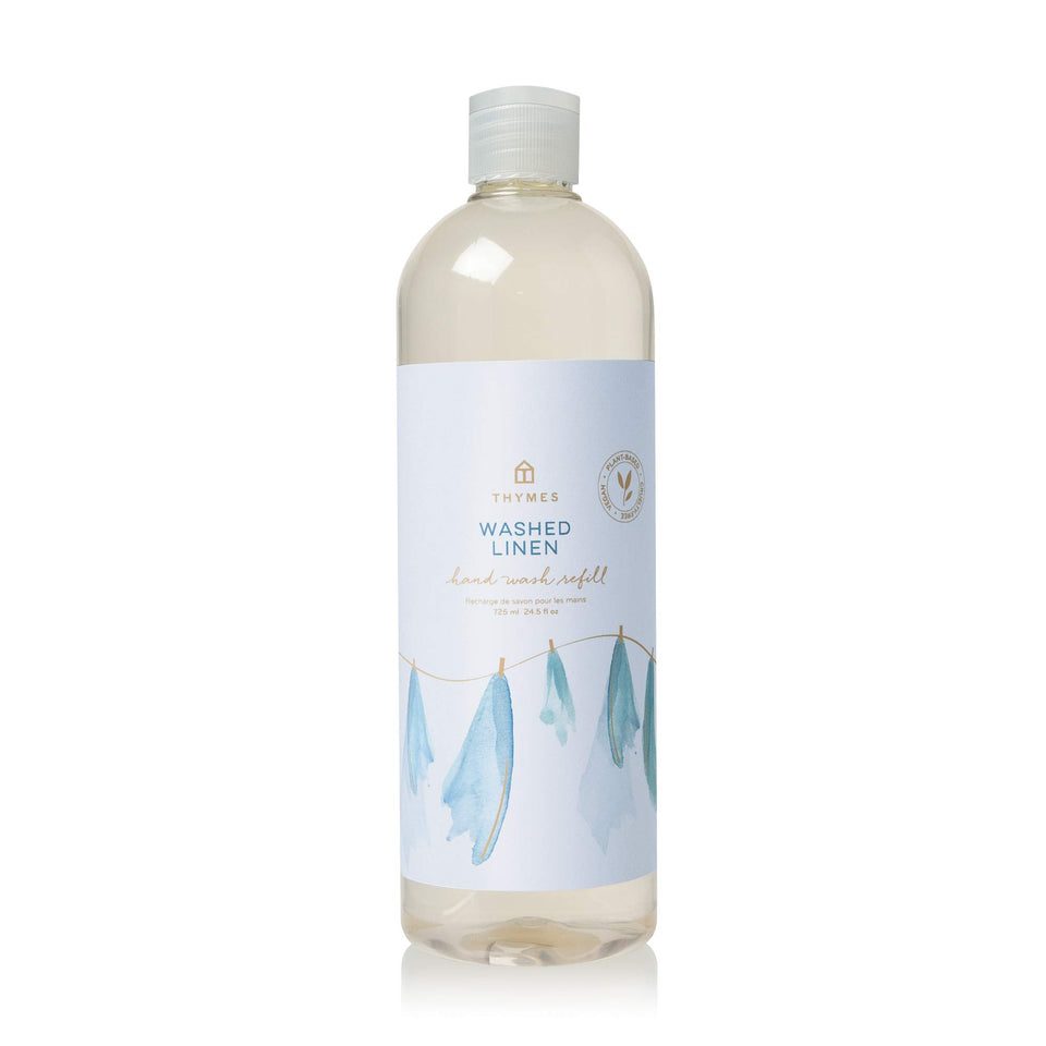 Thymes Washed Linen front label showing bottle and scent benefit