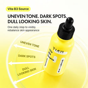 TIA'M close-up label displaying niacinamide and arbutin for ingredient clarity