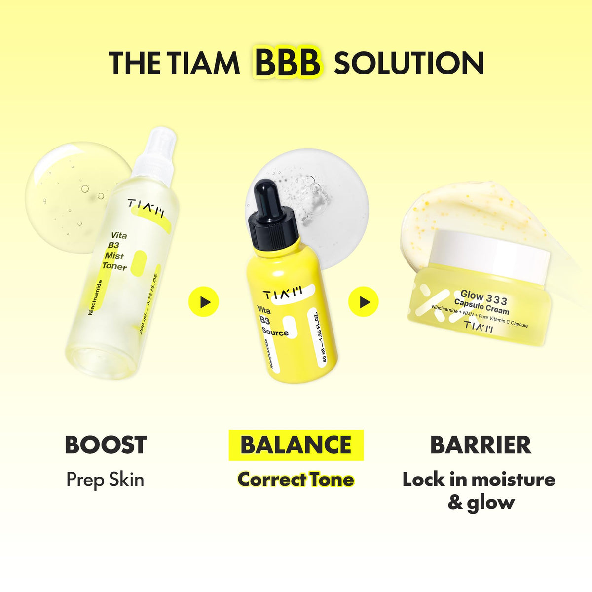 TIA'M bottle on bathroom shelf with plant conveying daily-use lifestyle appeal