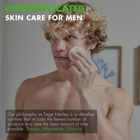 Tiege Hanley serum on bathroom shelf as part of a simple morning routine