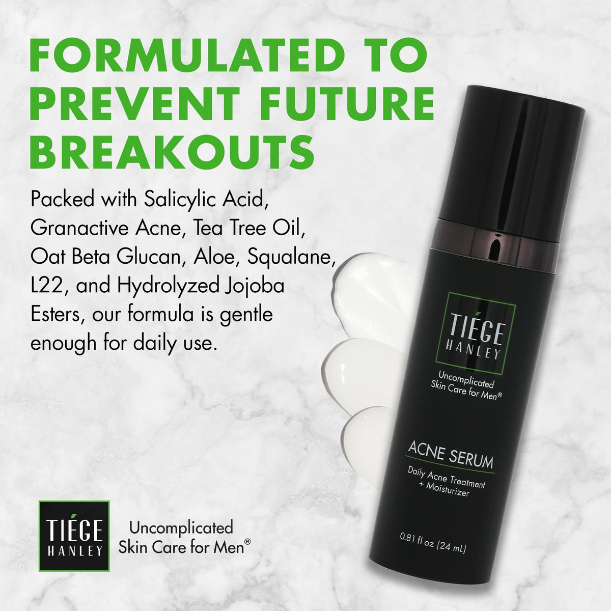 Tiege Hanley serum texture on skin displaying lightweight absorbent finish